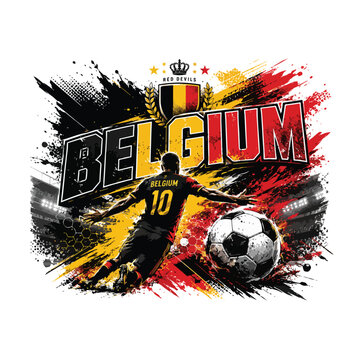 "Belgium football supporter t-shirt design, giant BELGIUM typography, black yellow red paint explosion, realistic football, dynamic player silhouette, stadium lights, luxury sportswear artwork, ultra 