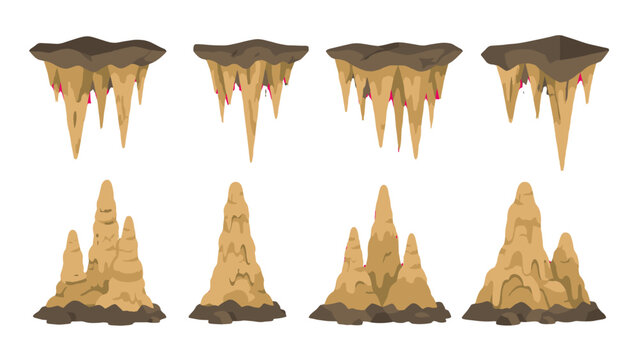 Set of cave stalactites and stalagmites in flat vector style