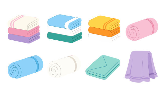 Colorful folded towels and blankets set in simple vector style