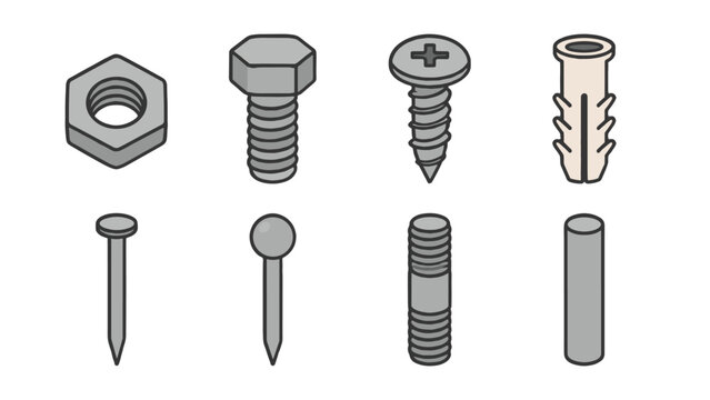 Set of fastener icons with nut bolt screw nail and wall plug