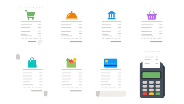Set of receipt and shopping payment icons in flat vector style