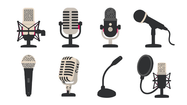 Set of studio and handheld microphone vector illustrations