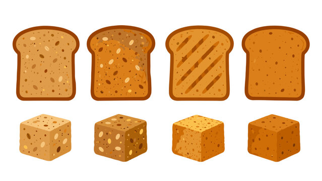 Set of bread slice and loaf cube icons in flat vector style