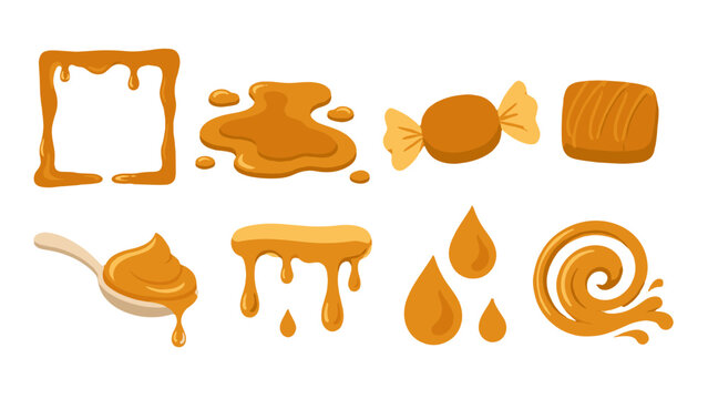 Set of caramel syrup drips, candy and splash vector icons