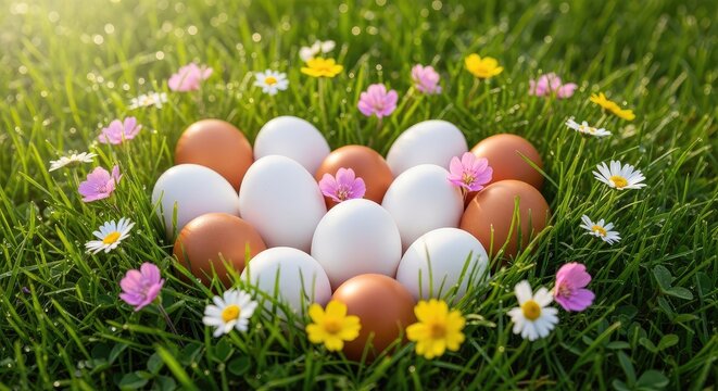 Easter eggs in green grass flowers.