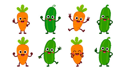 Obraz premium Cute cartoon carrot and cucumber character set on white