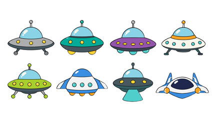 Cartoon flying saucer and spaceship vector set on white © Andrei
