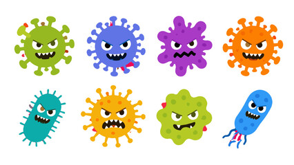 Obraz na płótnie Canvas Set of colorful cartoon virus and bacteria character icons