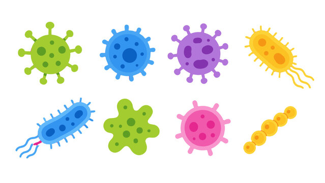 Colorful cartoon microbe and bacteria icon set on white