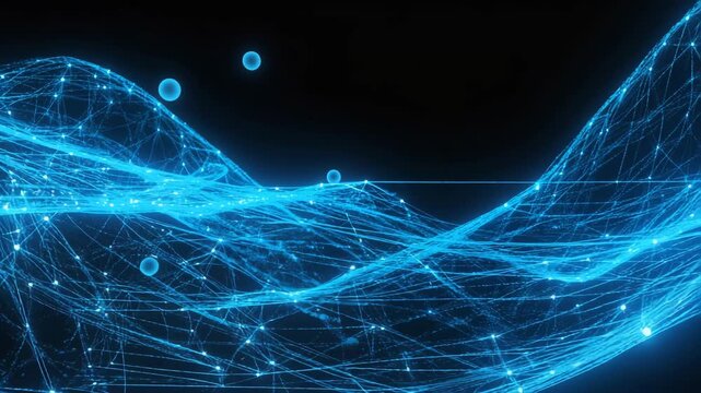 Abstract Blue Data Wave Network with Flowing Digital Connection Lines
