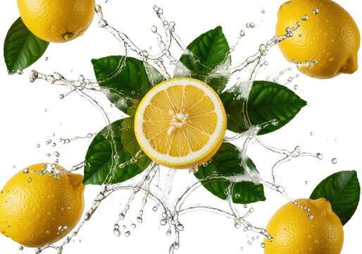 Ripe yellow lemons and citrus leaves frozen mid-air in an explosion of water against a white background with copy space. Concept of freshness and vitality