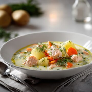 Creamy salmon chowder with tender potatoes, fresh carrots, and dill garnish served in a white bowl on a soft linen napkin with a spoon nearby on a clean table