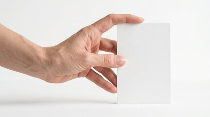 Obraz premium Blank white vertical business card held by a hand, a clean minimalist mockup for branding and corporate identity. Empty paper template for contact information and professional design