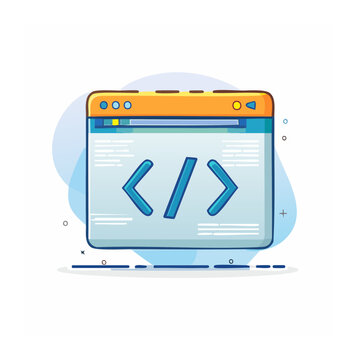 Flat design illustration of a code editor window with symbols