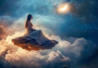 Obraz premium An illusion draing of winged angel among glowing clouds at night. Stars and large feathers fill the blue sky.