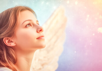 Obraz premium An illusion draing of winged angel among glowing clouds at night. Stars and large feathers fill the blue sky.