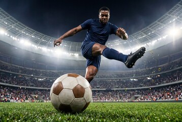 Naklejka premium Professional soccer player kicking a ball in a crowded stadium at night