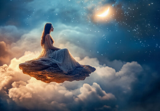 An illusion draing of winged angel  among glowing clouds at night. Stars and large feathers fill the blue sky.