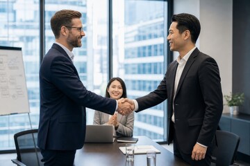 Fototapeta premium Two business partners shake hands in front of a whiteboard and a smiling colleague, celebrating a successful deal or project completion.