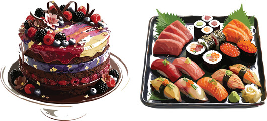 Gourmet chocolate berry cake vector illustration with dripping raspberry glaze and fresh fruits on stand © Fahim