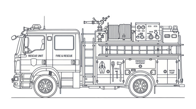 Fire Engine Rescue Truck Line Art Illustration