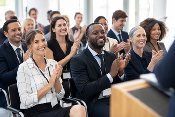 Obraz premium Diverse audience enthusiastically claps their hands during a business presentation in a brightly lit conference hall.