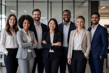 Fototapeta premium Diverse group of seven professionals in business attire stands together, smiling confidently at the camera in a modern office setting.