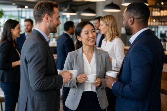 Diverse group of professionals smiling and holding coffee cups while engaged in a casual conversation in a modern office.
