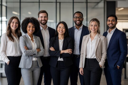 Diverse group of seven professionals in business attire stands together, smiling confidently at the camera in a modern office setting.