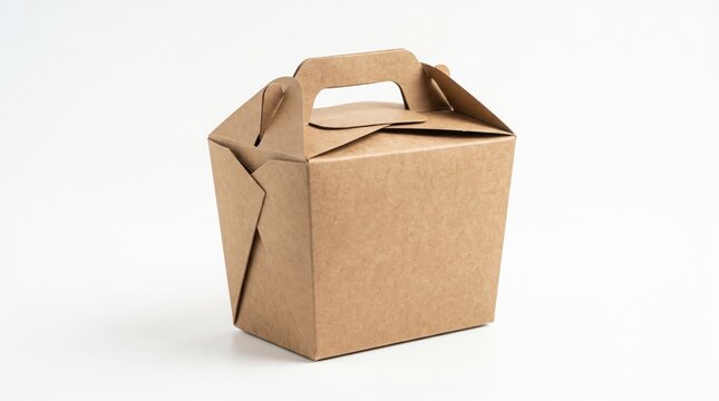 Kraft paper take-out box, eco-friendly brown cardboard packaging for food delivery, sustainable disposable container for restaurants and catering, blank customizable carry box on white background