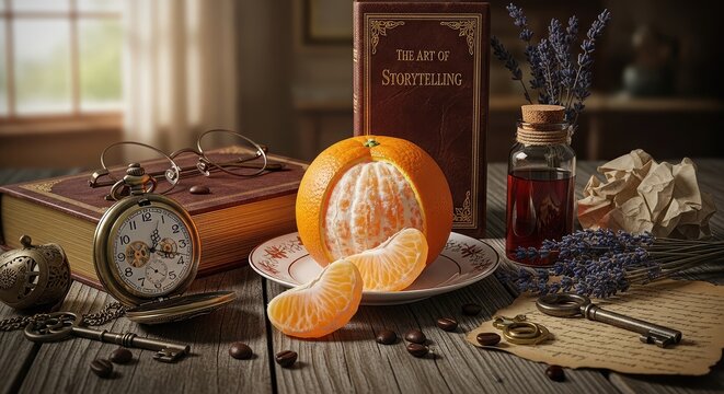 Still life with oranges and clock.