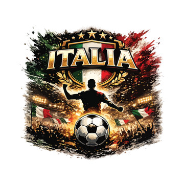 "Premium Italy football t-shirt design, giant ITALIA typography, green white red paint strokes, football legend silhouette, realistic football, stadium energy effects, championship vibes, luxury sport