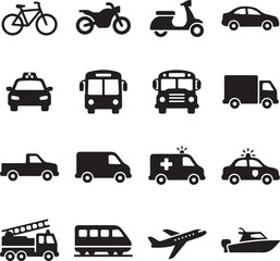 Naklejka premium Diverse transportation icons on white background illustrating modern travel and mobility concepts