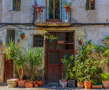 Traditional Mediterranean facade with wooden door and abundant potted plants in front of an old residential building
