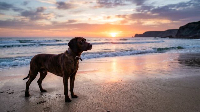 bavarian mountain hound beach sunset light coastal dog portrait video