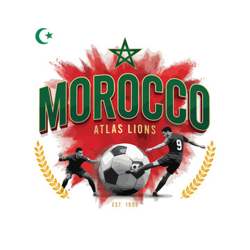 "Morocco Atlas Lions football t-shirt design, bold MOROCCO typography, red paint explosion, green star elements, realistic football, football warrior silhouette, premium championship-inspired artwork,