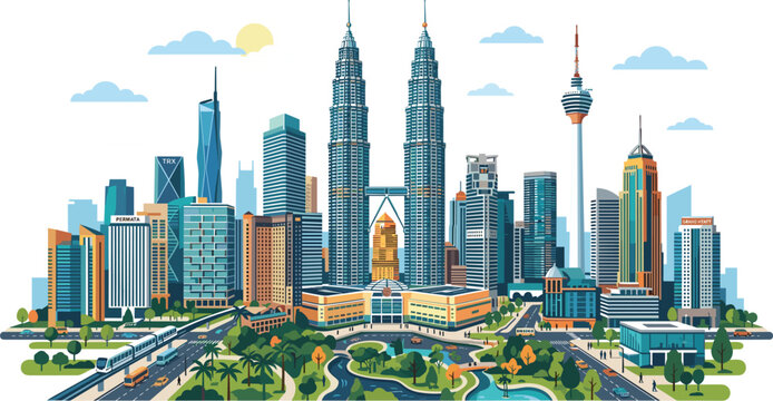 Kuala Lumpur Cityscape Vector Illustration Featuring Petronas Twin Towers and KL Tower Skyline