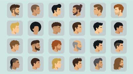 Naklejka premium Men hairstyles vector collection side view avatars set. Trendy male haircut profiles bundle. Gentlemen barber shop style catalog.