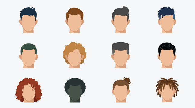 Men hairstyles vector face avatars bundle for social media profile. Front view male haircuts flat design icons set. Diverse mens grooming styles infographic.