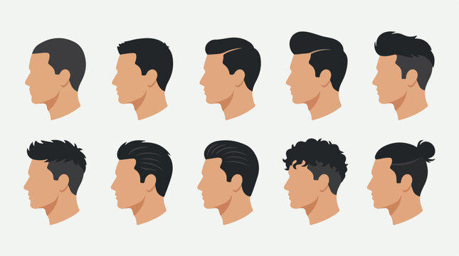 Man haircut profile illustrations for barbershop menu. Side view male hairstyles flat vector icons set. Diverse mens grooming types chart.