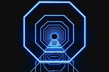 Fototapeta premium This is a 3D rendered futuristic tunnel made of repeating glowing blue octagonal neon frames, set against a dark background with symmetric perspective depth.