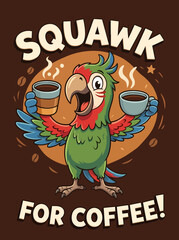 Colorful Parrot Holding Coffee Cups. © haidan