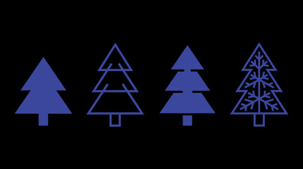 Four stylized blue coniferous tree icons in horizontal row with evergreen illustration silhouette