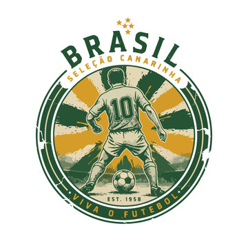 Brazil football t-shirt design, typography, retro number 10 silhouette, classic green yellow paint splashes, realistic football, nostalgic stadium atmosphere, premium vintage vecto