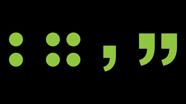 Collection of four green punctuation mark icons with punctuation quotation typography language