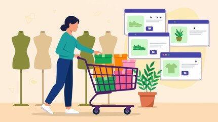 Woman pushing a shopping cart with boxes and online product listings © RARIF