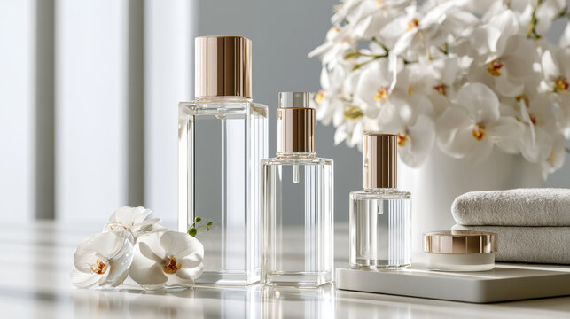 Skincare serum glass bottle white flower wellness clean beauty spa product mockup minimal luxury skincare serum glass bottle white flower wellness