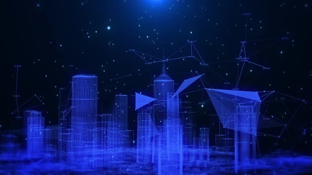 HUD Digital Skyscraper Wireframe Futuristic Technology Security Connection Interface.