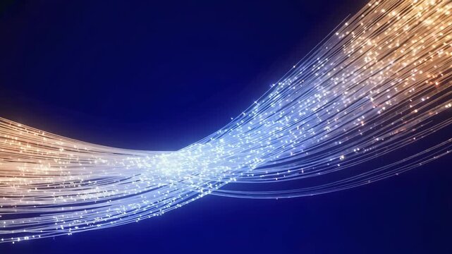 White Fiber Optic Light Stream Flowing Across Deep Blue Background