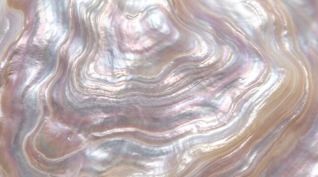 Close-up of a shimmering, iridescent mother-of-pearl surface with wavy, organic patterns and subtle pastel colors.